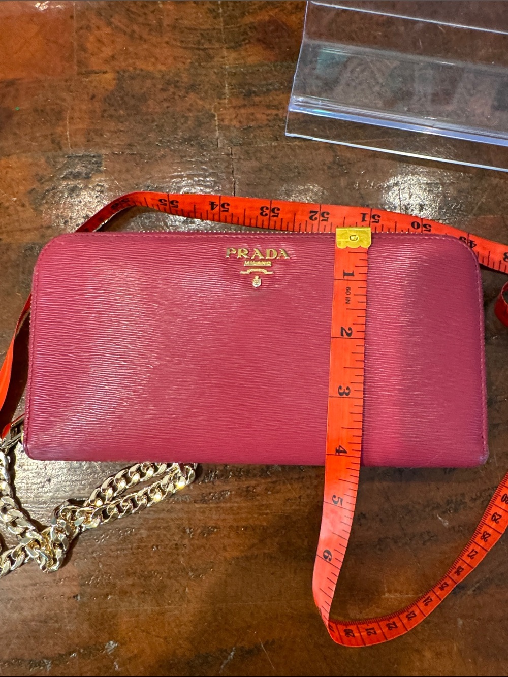 Prada Hot Pink Saffiano Zip Wallet with Gold Chain Strap - Picture 15 of 16
